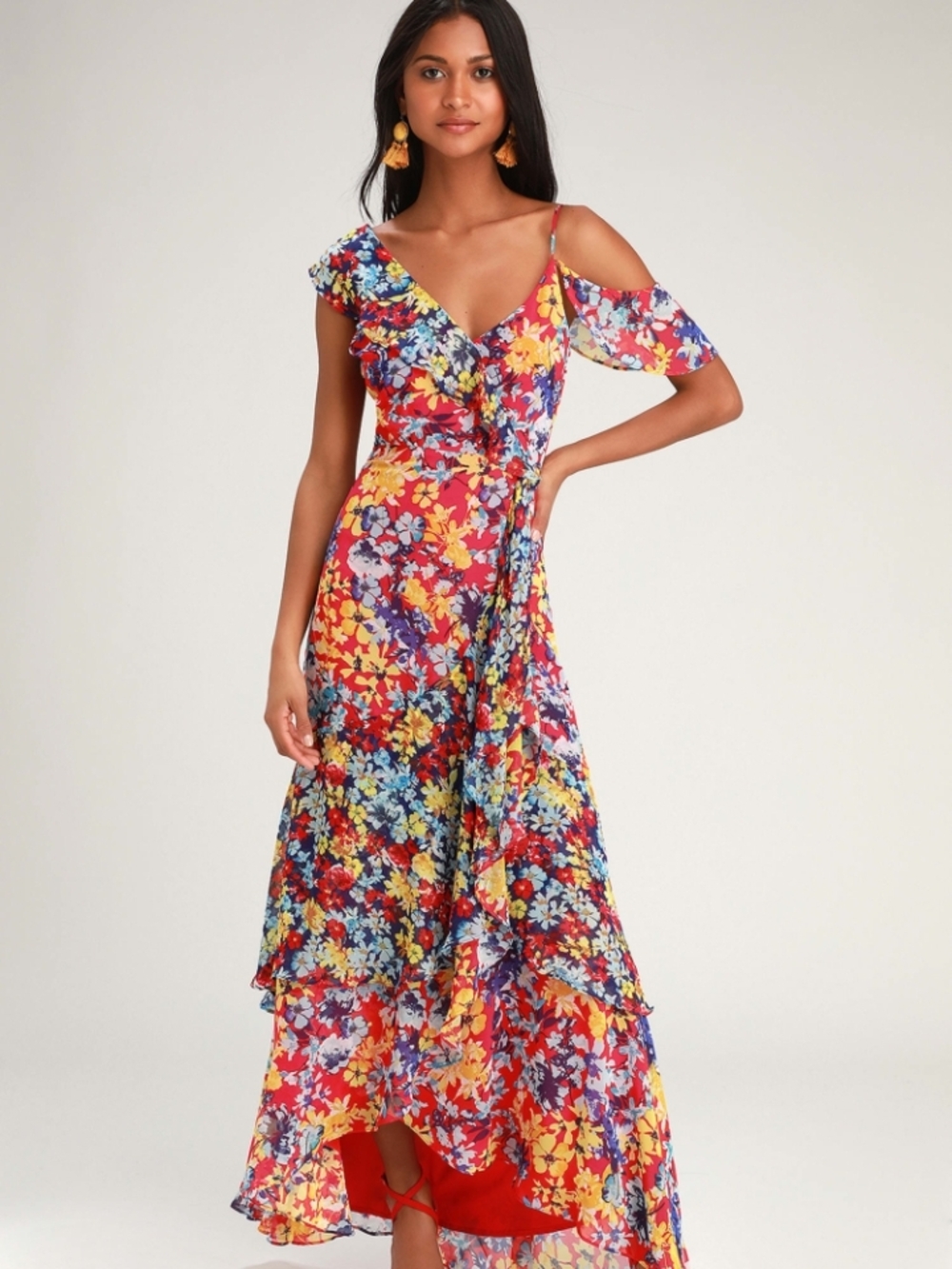 Lulu's Red Multi Floral High-Low Dress